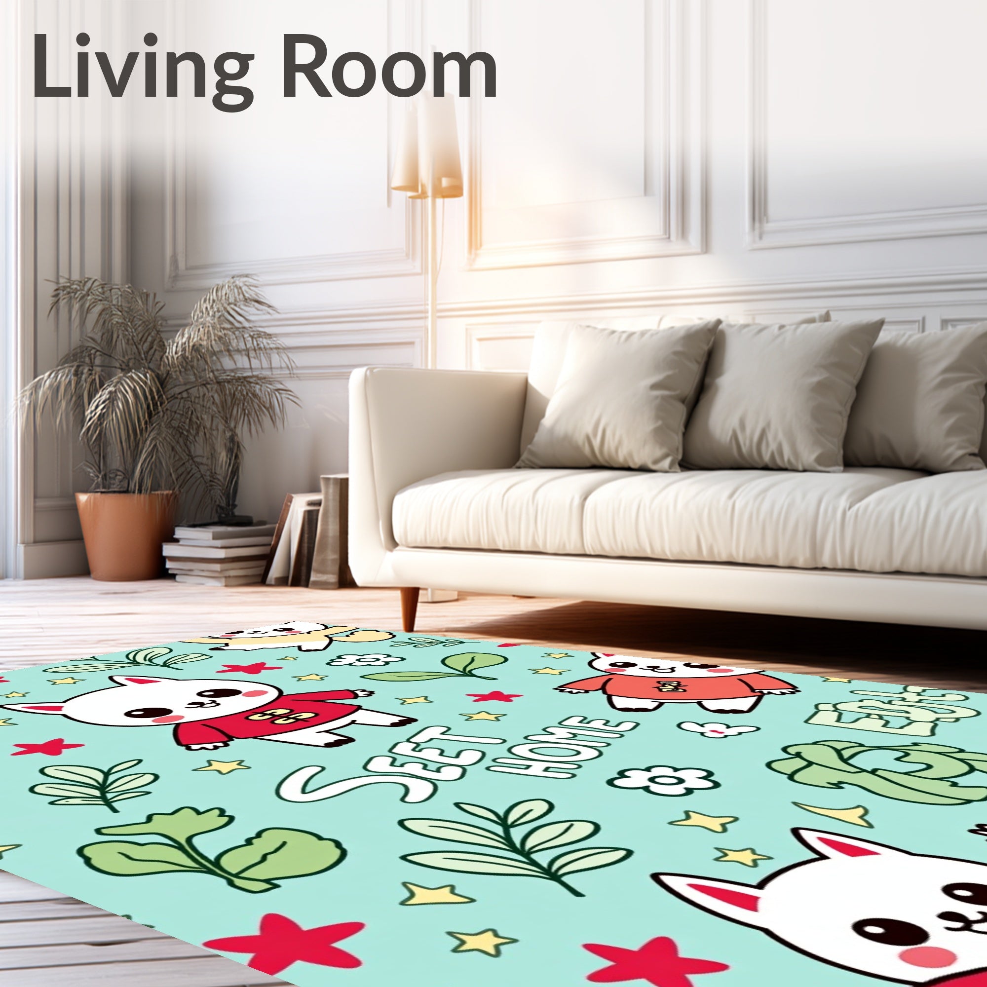 Cute Kitty Red Outfit Flowers Stars Rug