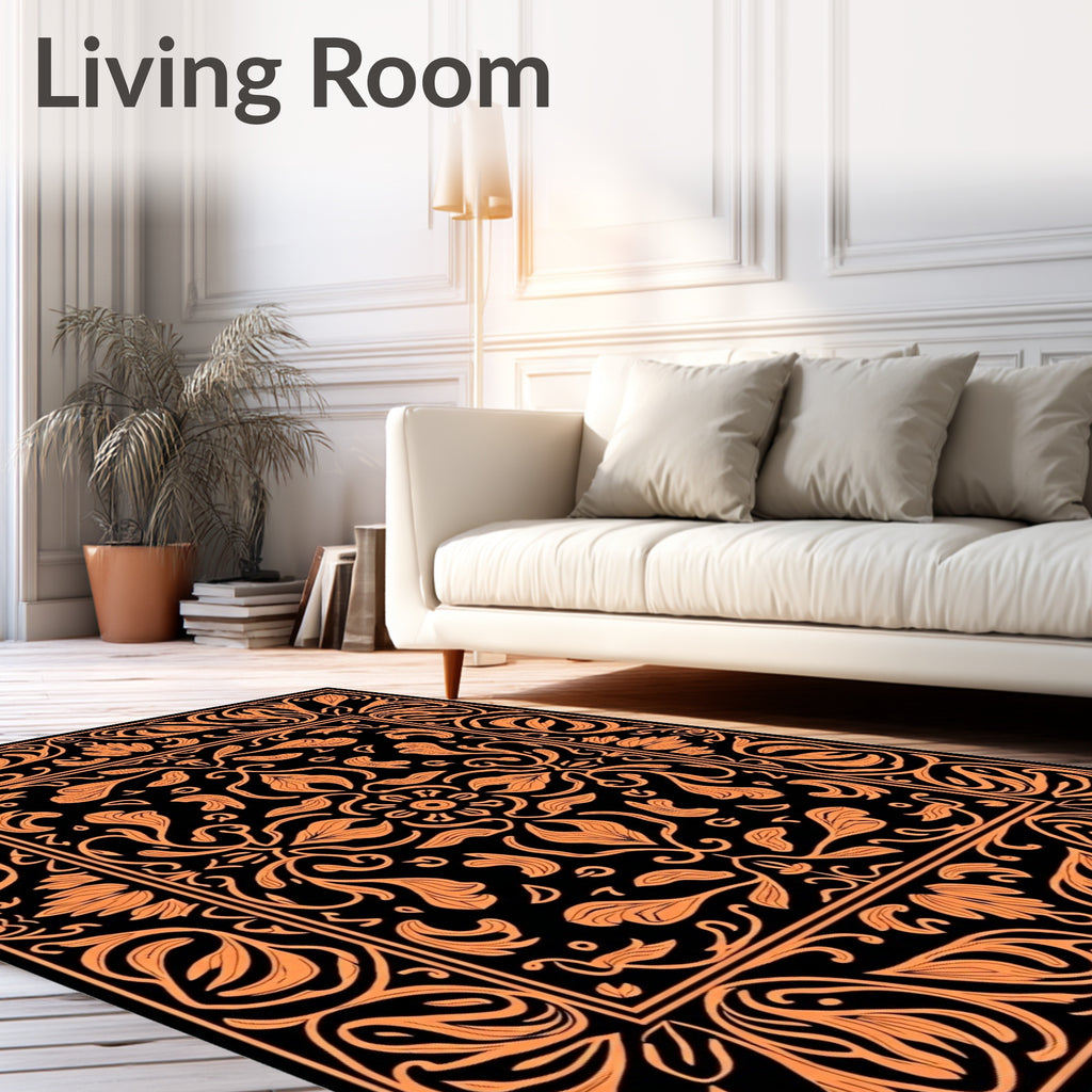 Orange Floral Medallion Black Rug