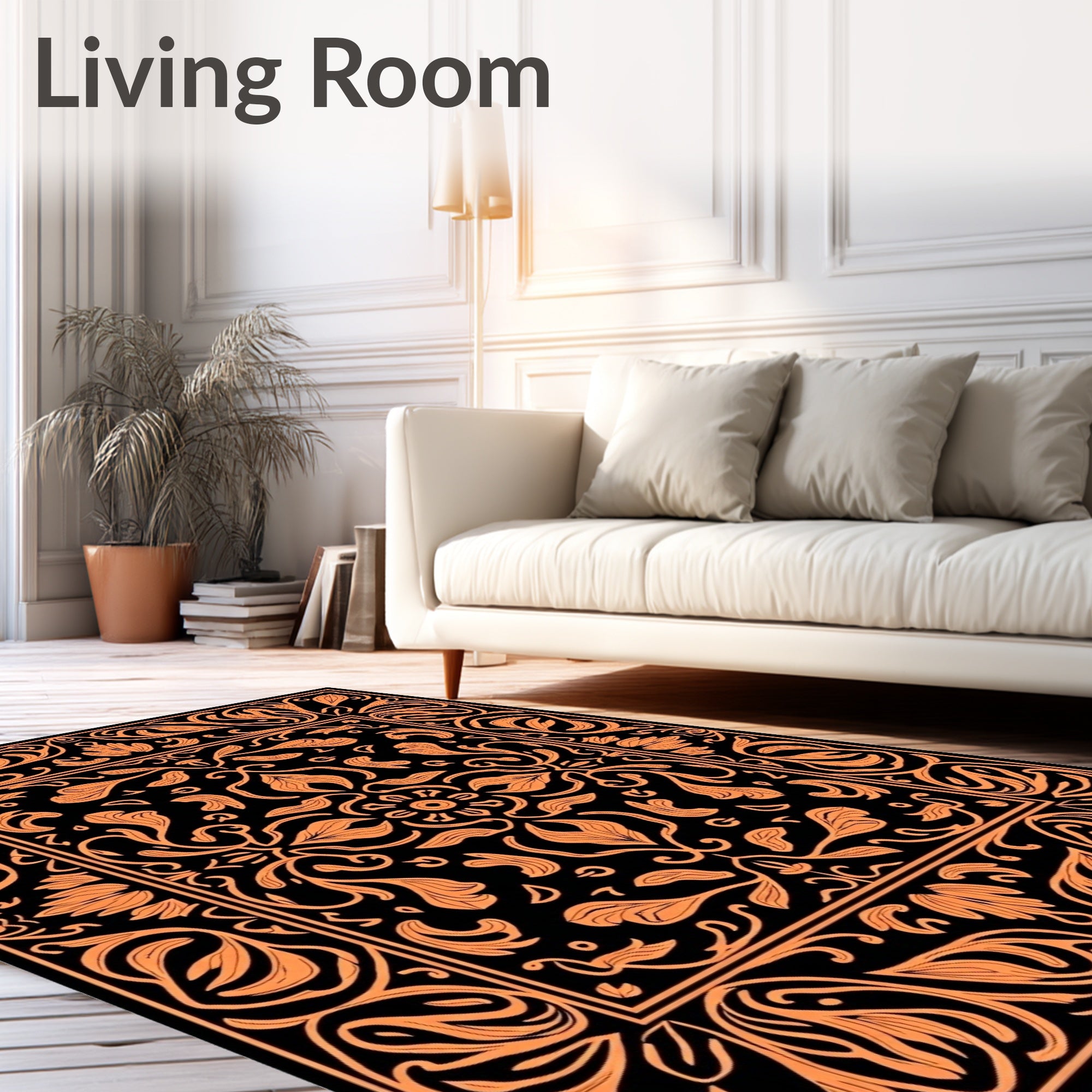 Orange Floral Medallion Black Rug