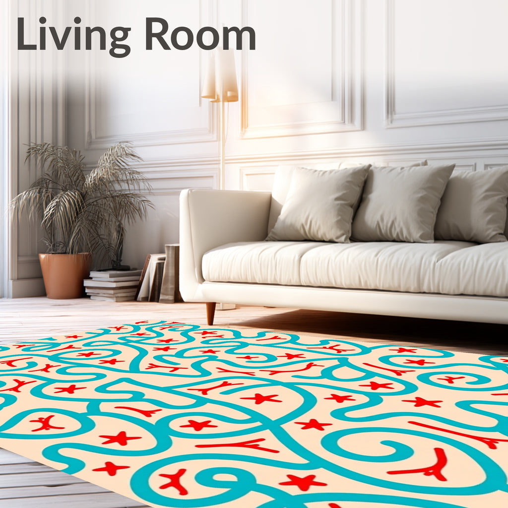 Whimsical Red Star Turquoise Swirl Rug