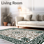 Dark Green Brown Floral Medallion Art Nouveau Rug