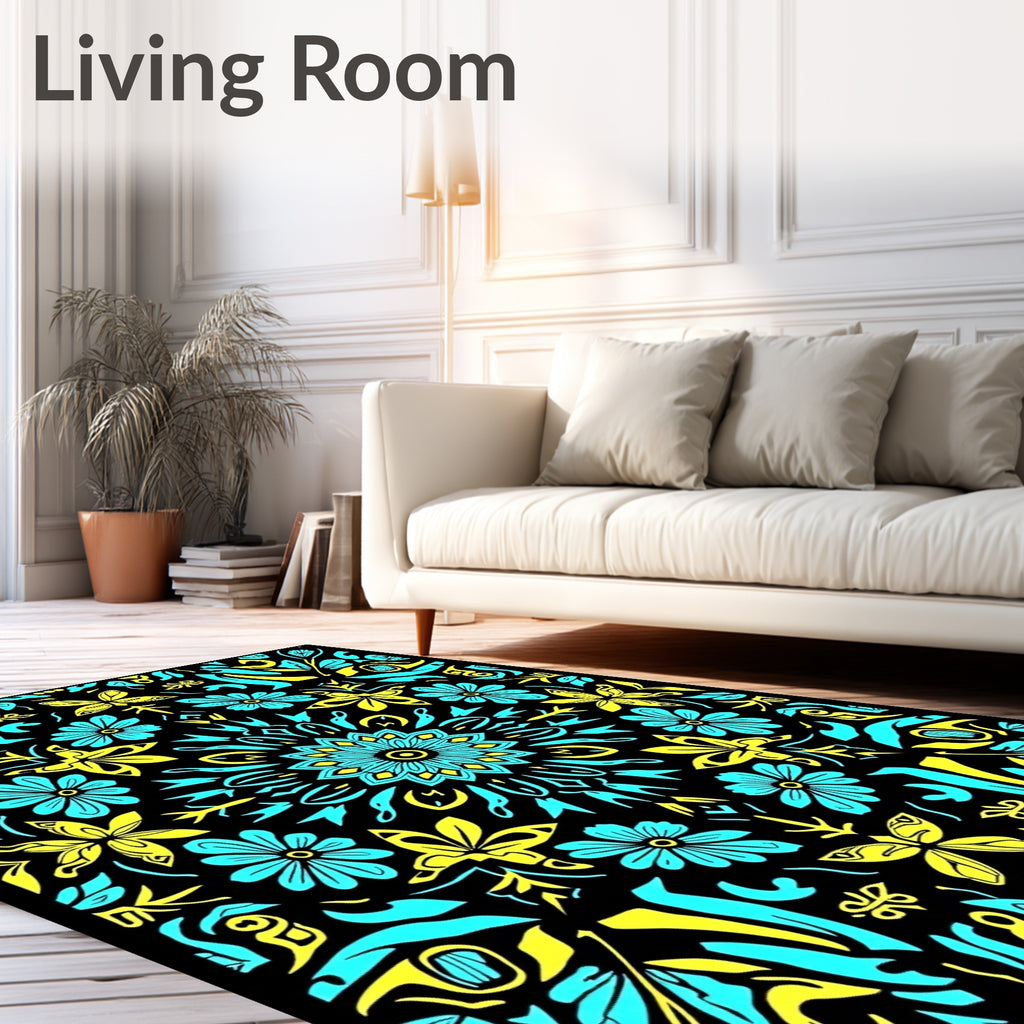 Cyan Yellow Floral Butterfly Mandala Rug