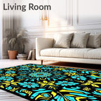 Cyan Yellow Floral Butterfly Mandala Rug