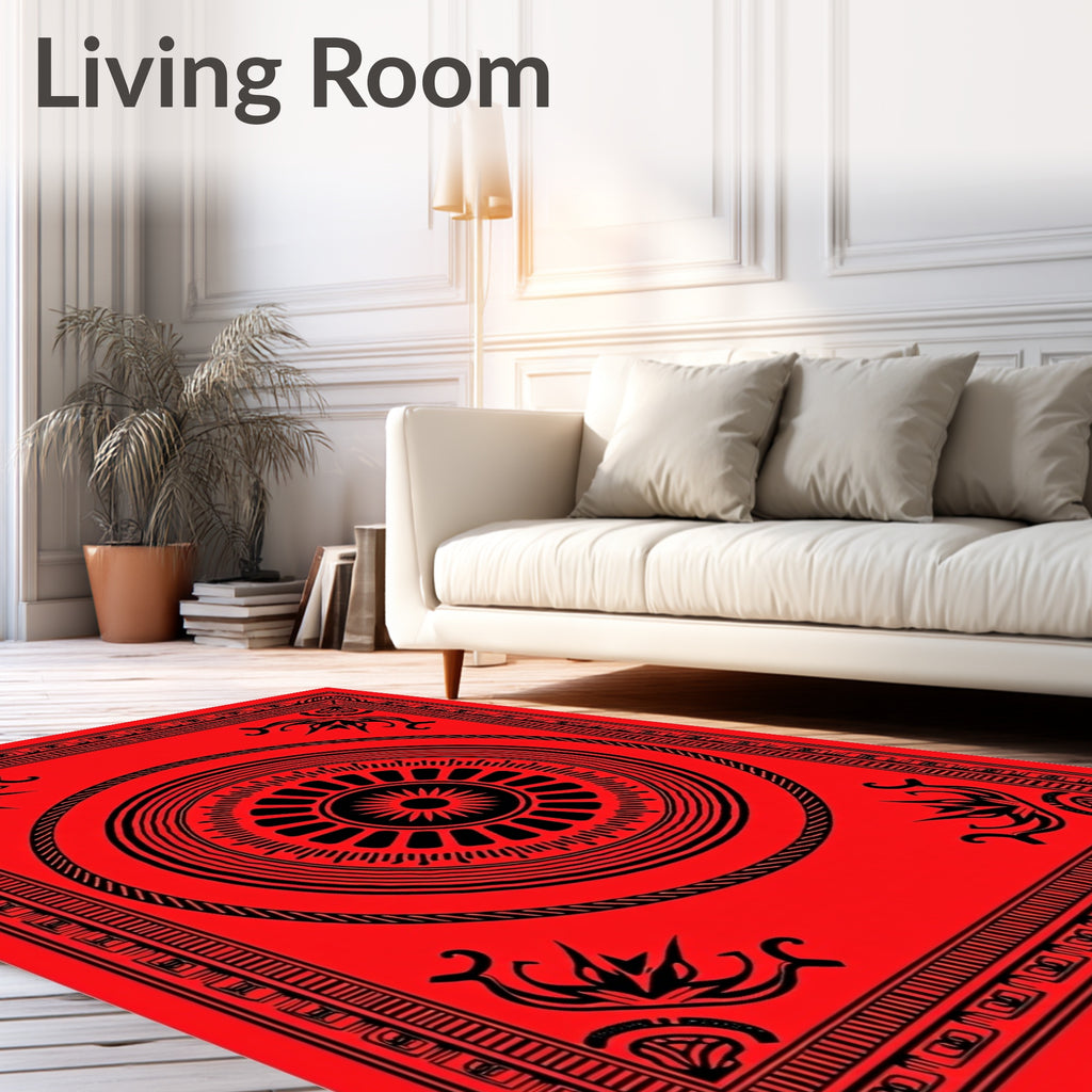 Crimson Sunburst Geometric Border Rug
