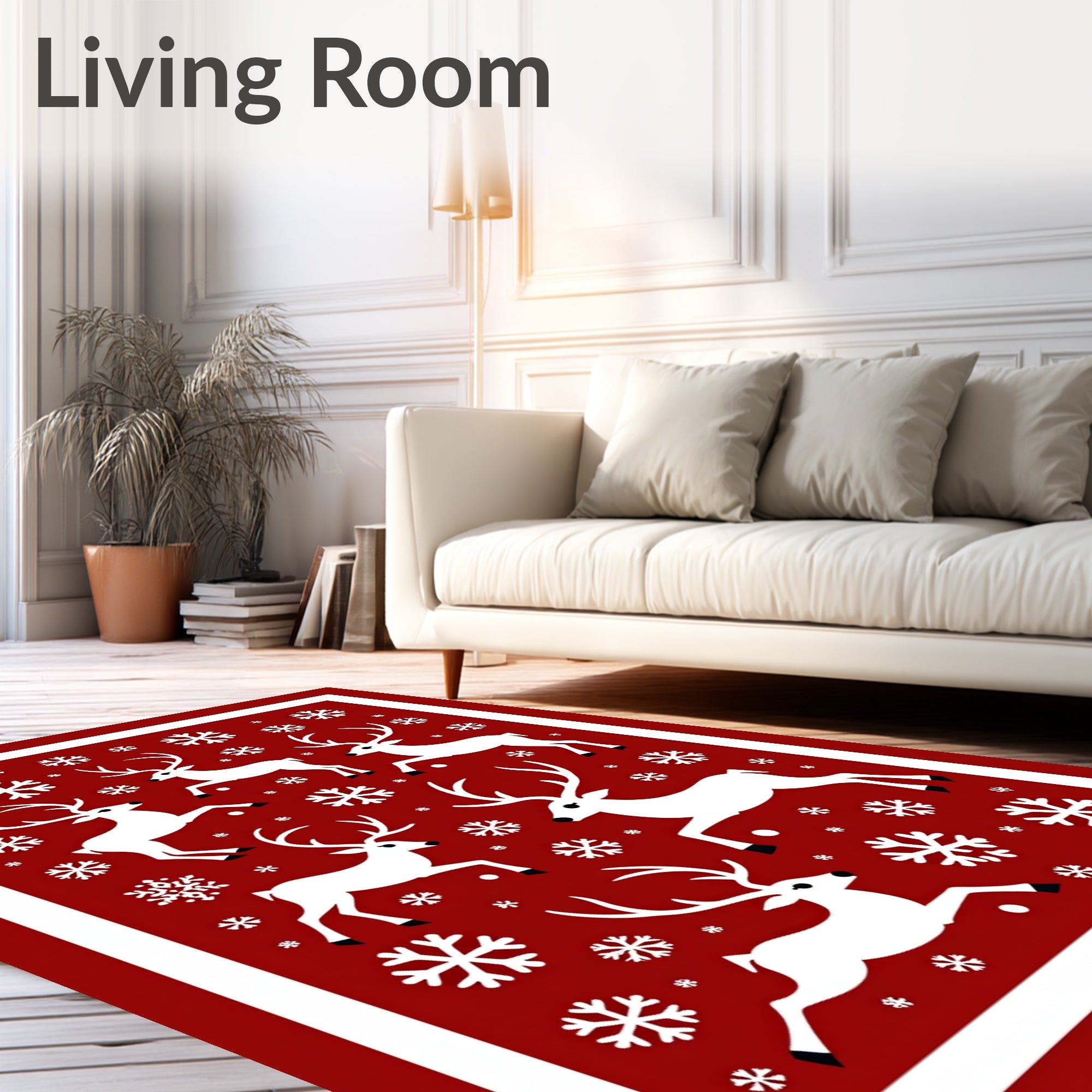 Red White Reindeer Snowflake Festive Scene Rug