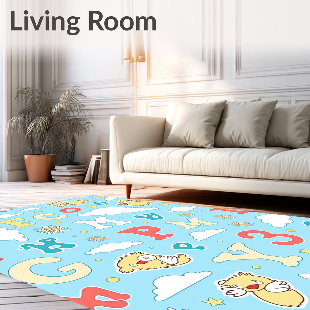 Whimsical Yellow Monster Alphabet Clouds Rug