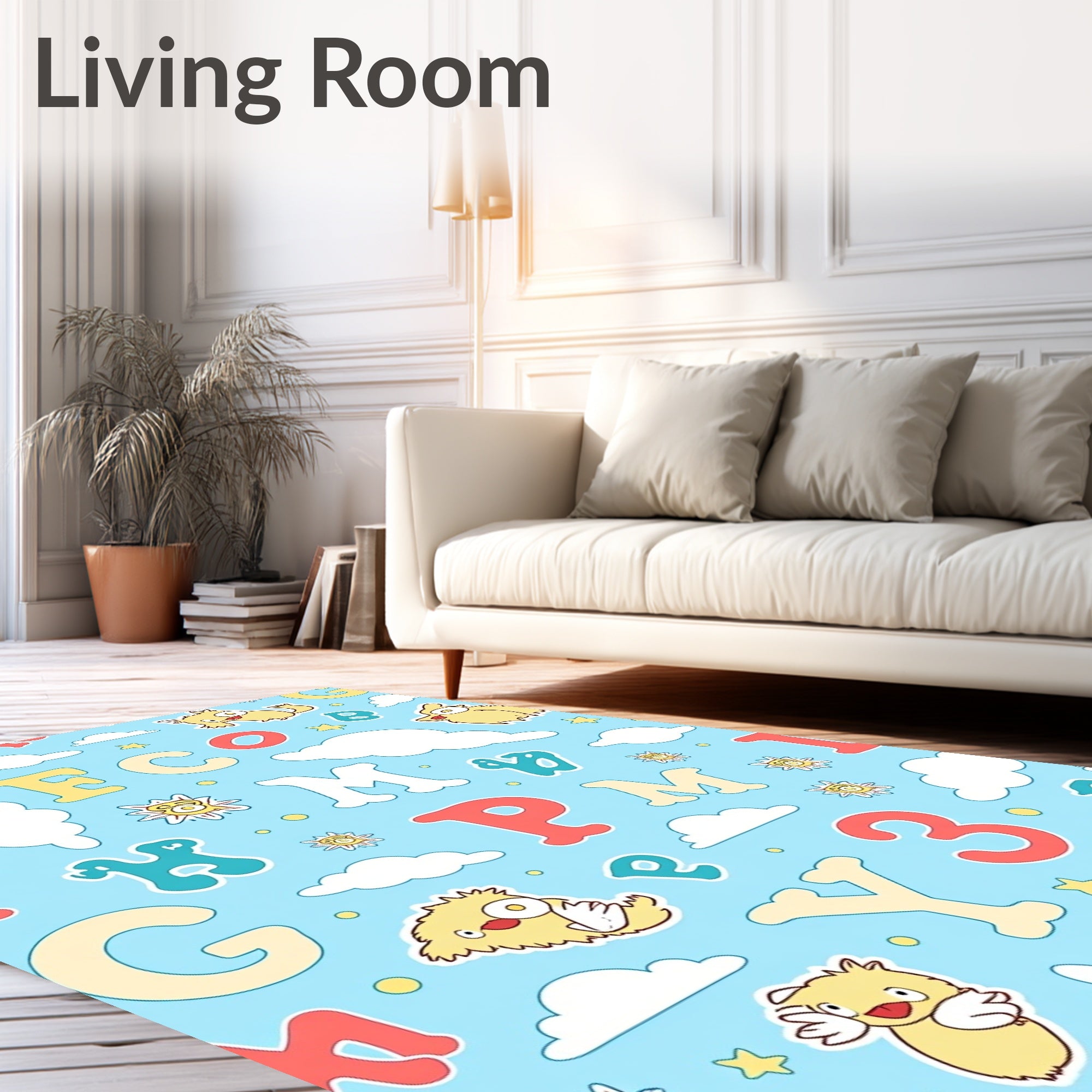 Whimsical Yellow Monster Alphabet Clouds Rug