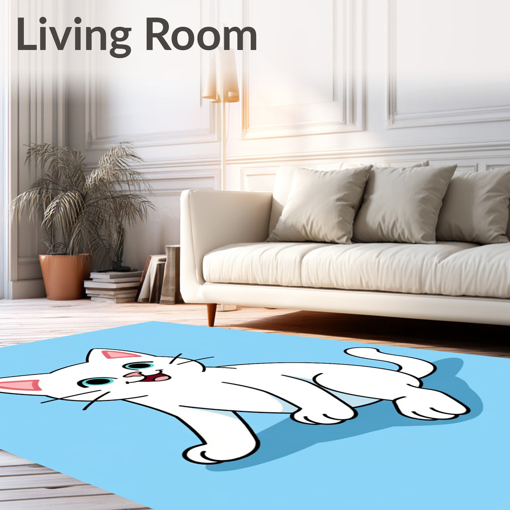 Whimsical White Cat Blue Background Illustration Rug