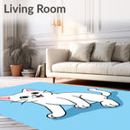 Whimsical White Cat Blue Background Illustration Rug