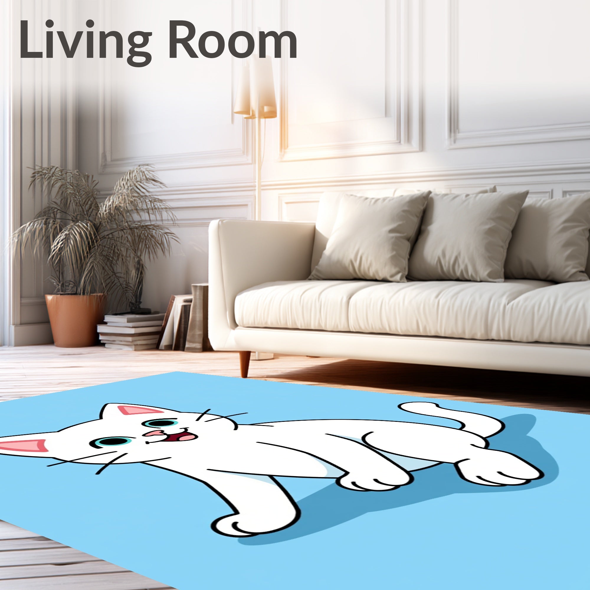 Whimsical White Cat Blue Background Illustration Rug