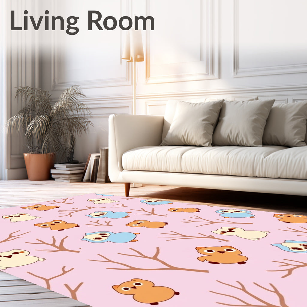 Cute Owl Forest Pink Background Rug