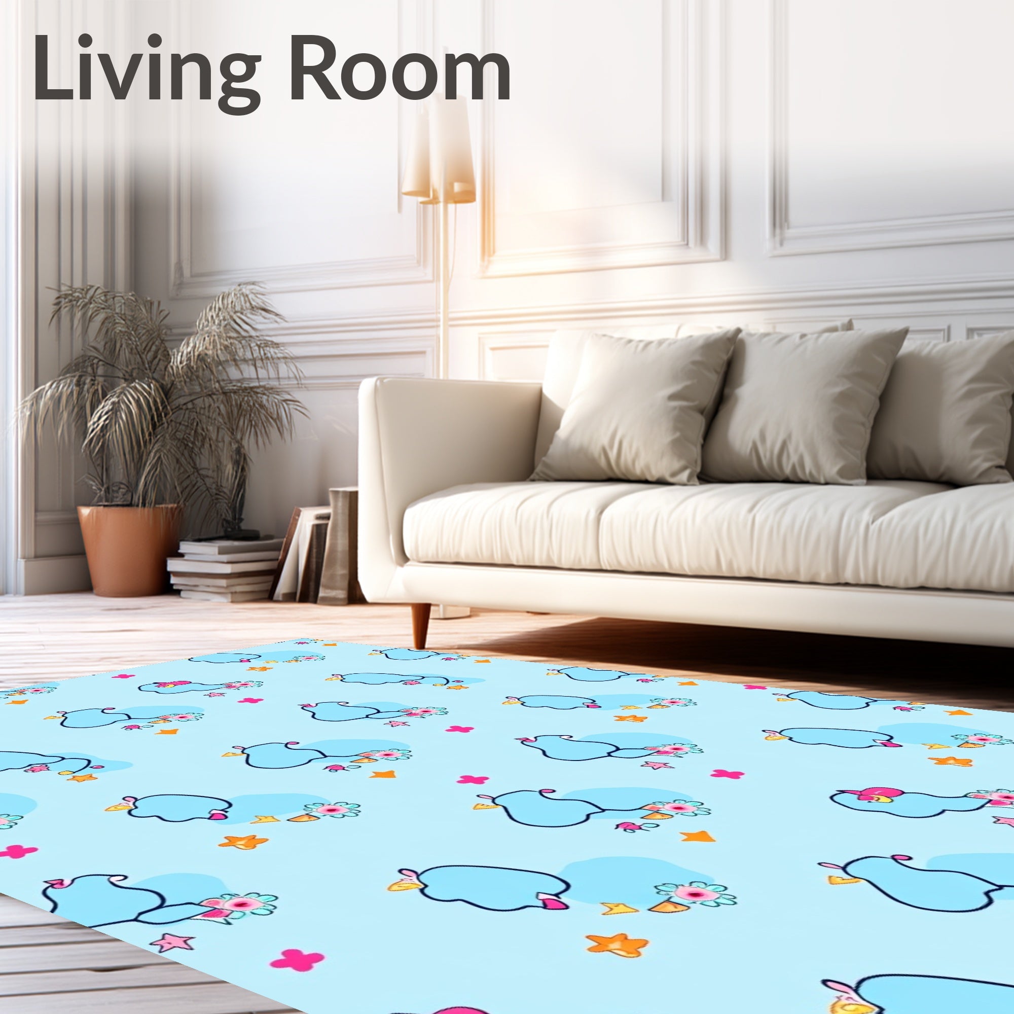 Whimsical Blue Bird Floral Stars Rug