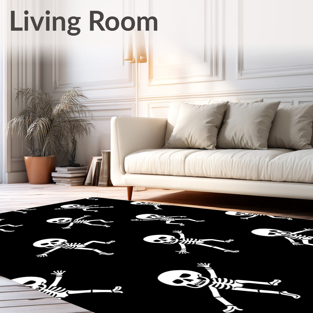Whimsical White Skeleton Dance Black Rug