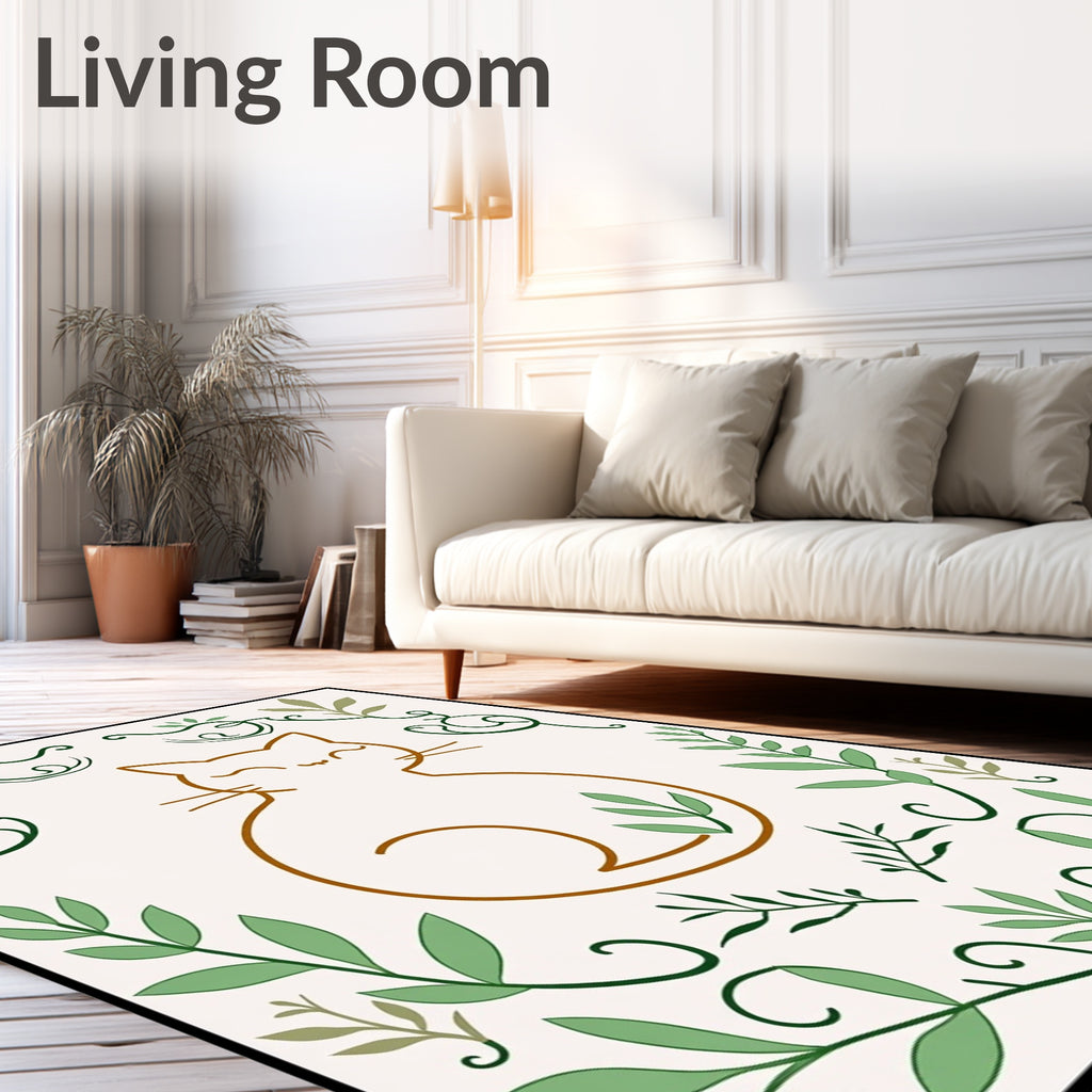 Charming Brown Cat Green Foliage Border Rug