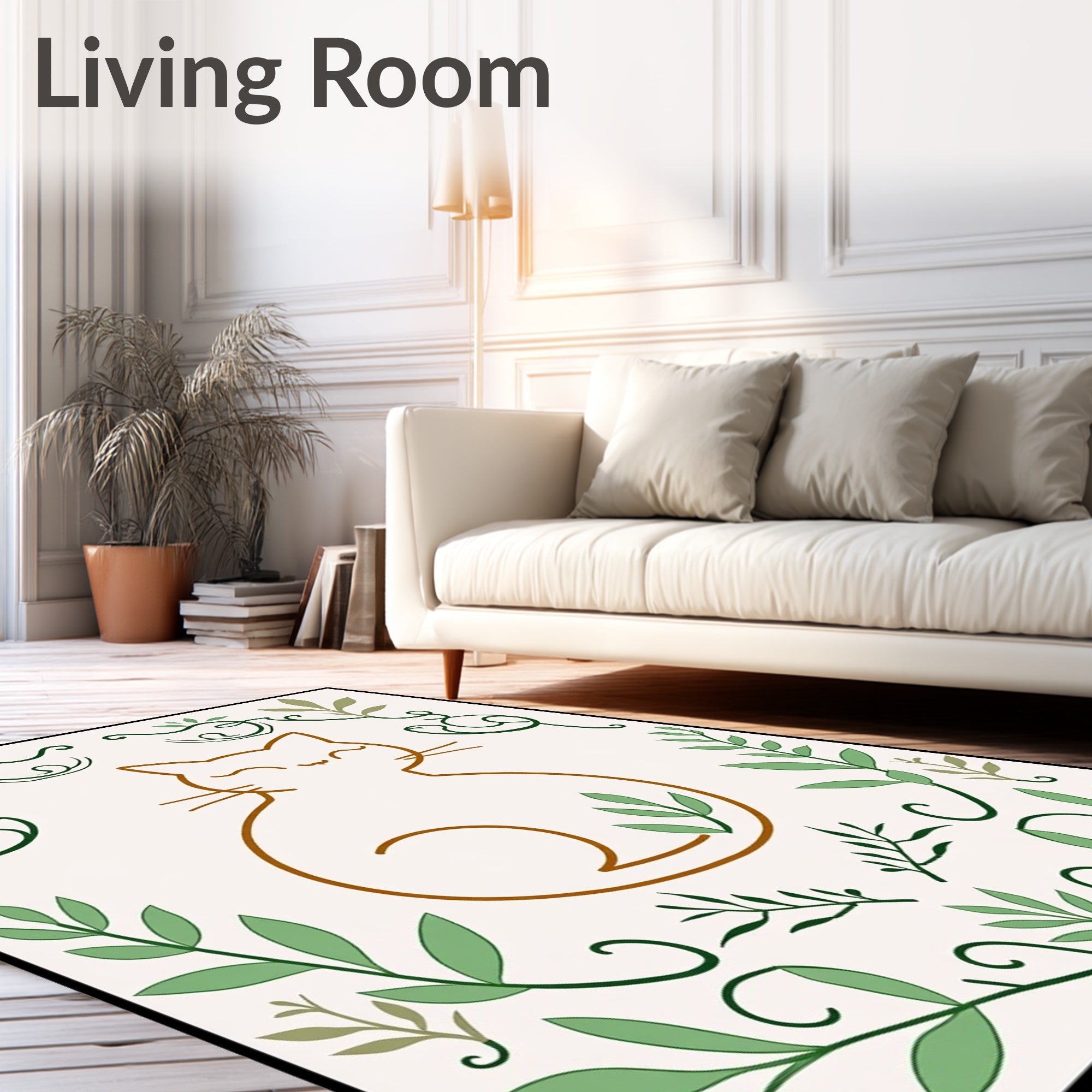 Charming Brown Cat Green Foliage Border Rug