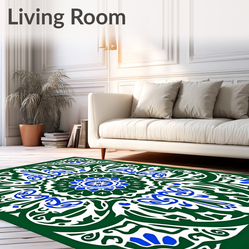 Emerald Green Blue Floral Medallion Rug