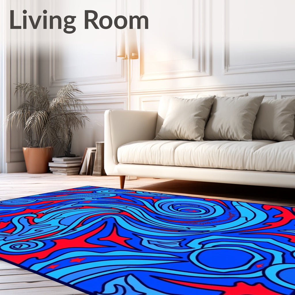 Vibrant Blue Swirl Crimson Abstract Rug
