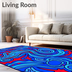 Vibrant Blue Swirl Crimson Abstract Rug