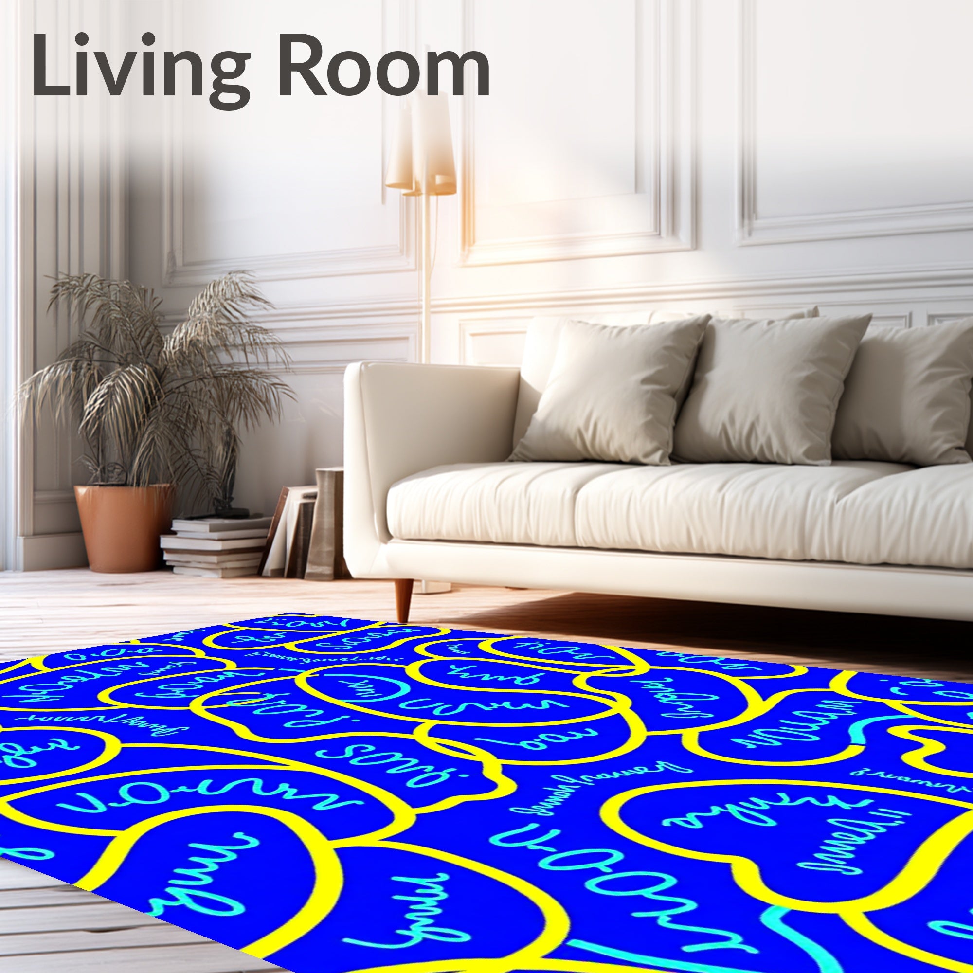 Blue Yellow Organic Text Shapes Rug