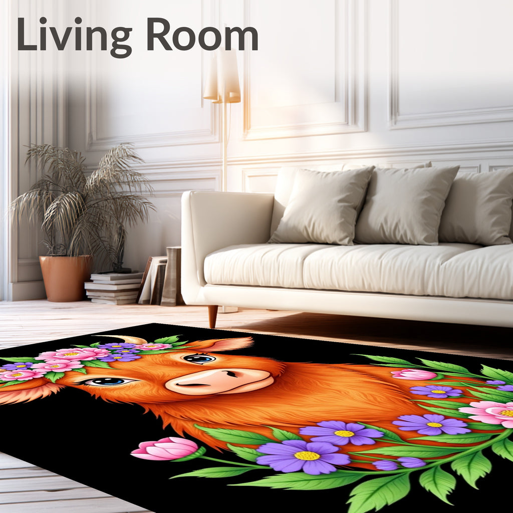 Whimsical Highland Cow Floral Wreath Rug