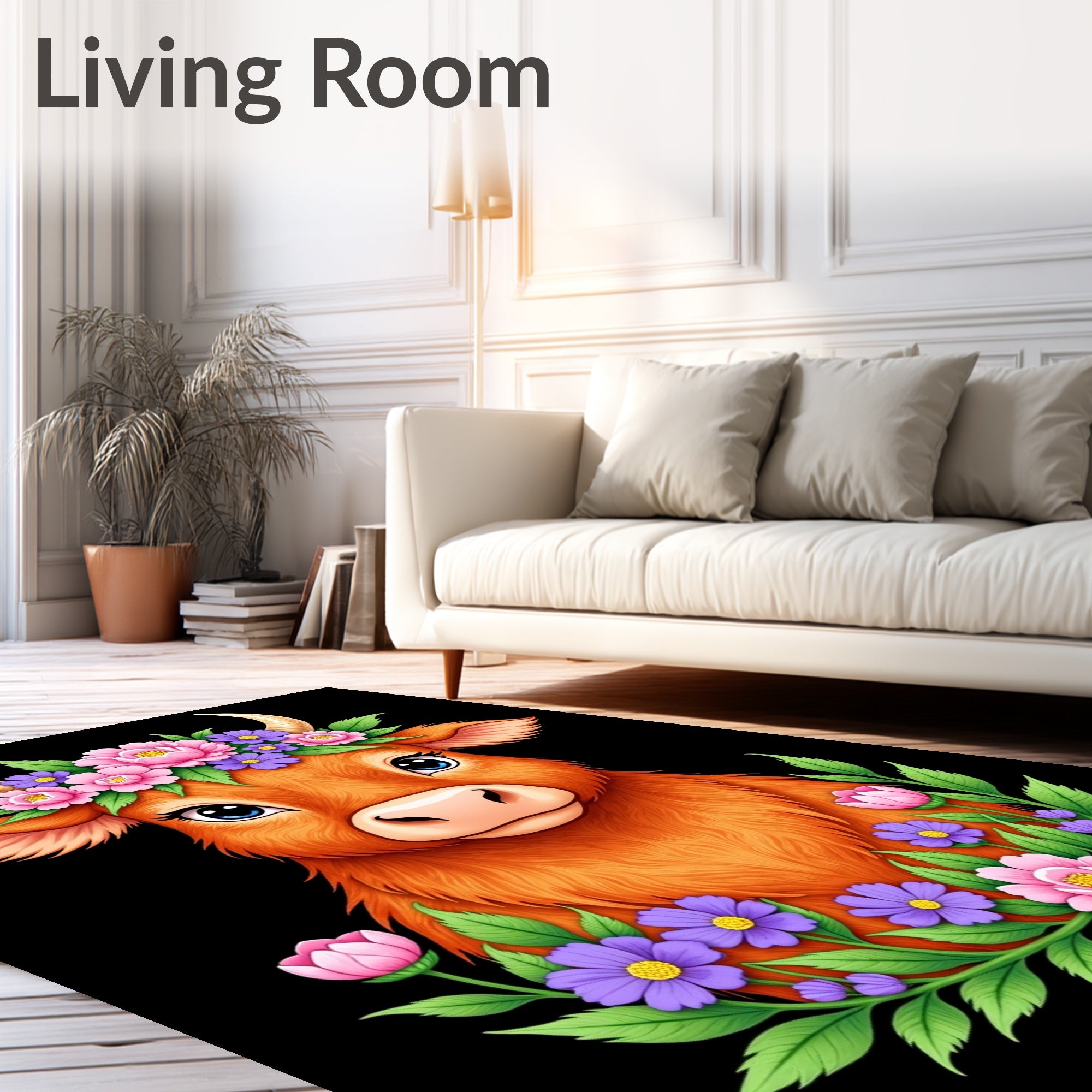 Whimsical Highland Cow Floral Wreath Rug