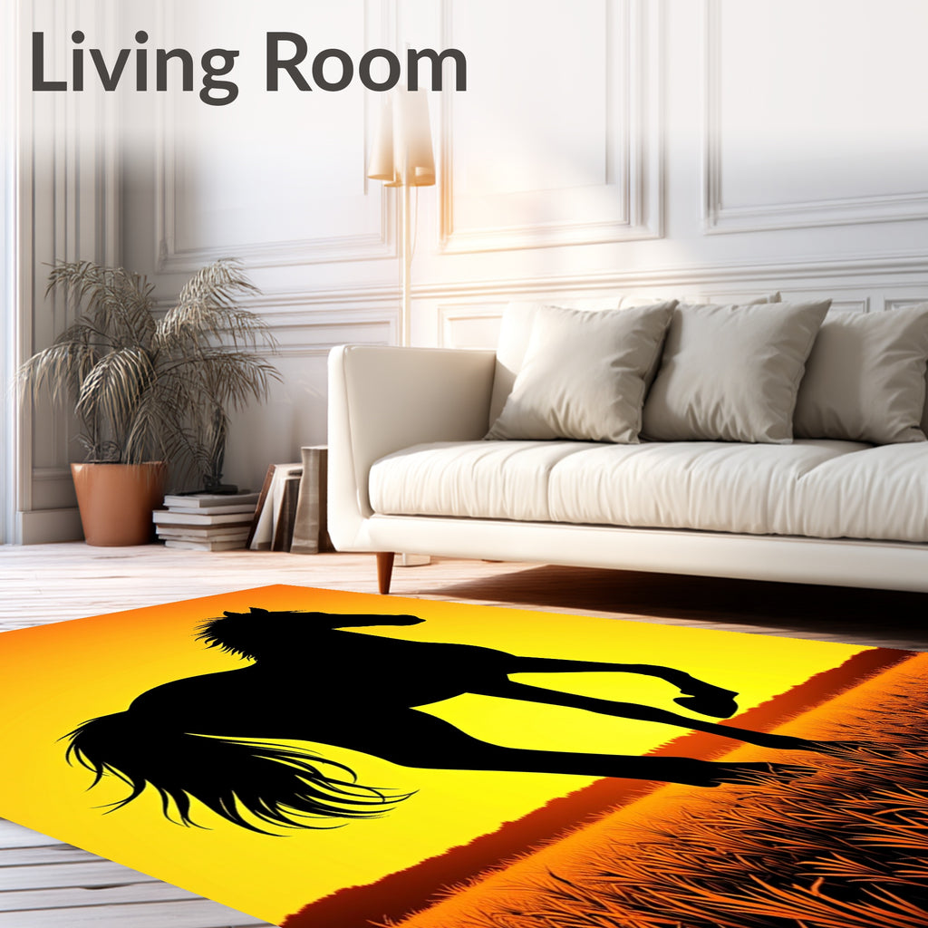 Black Horse Silhouette Golden Sunset Field Rug