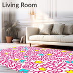 Whimsical Pink Cartoonish Elements And Flowers Rug
