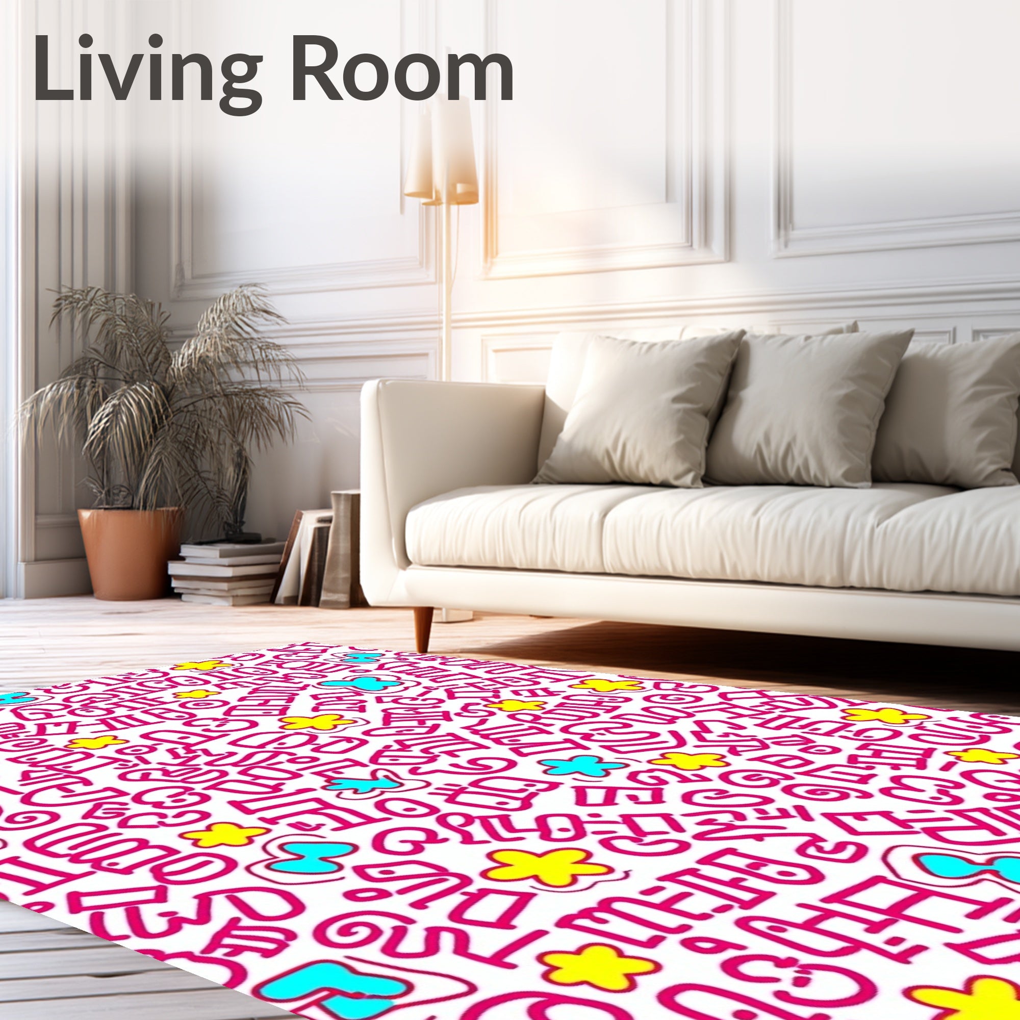 Whimsical Pink Cartoonish Elements And Flowers Rug