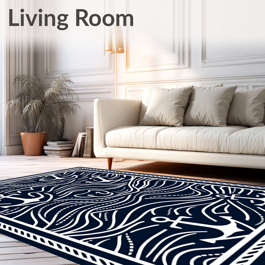 Dark Blue Nautical Anchor Waves Rug