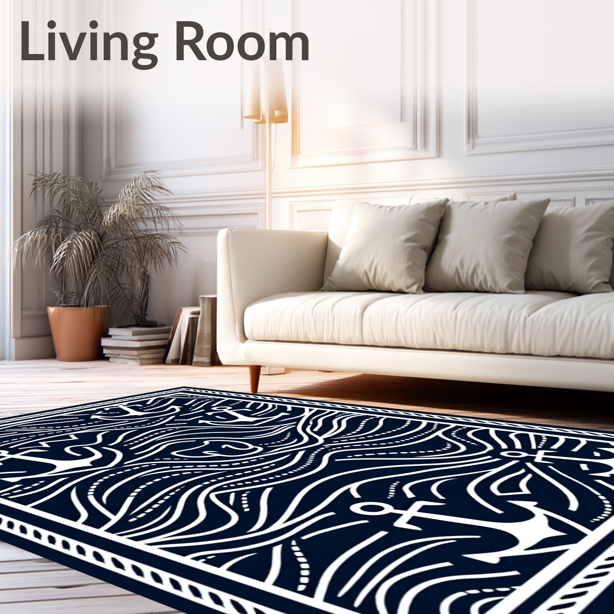 Dark Blue Nautical Anchor Waves Rug