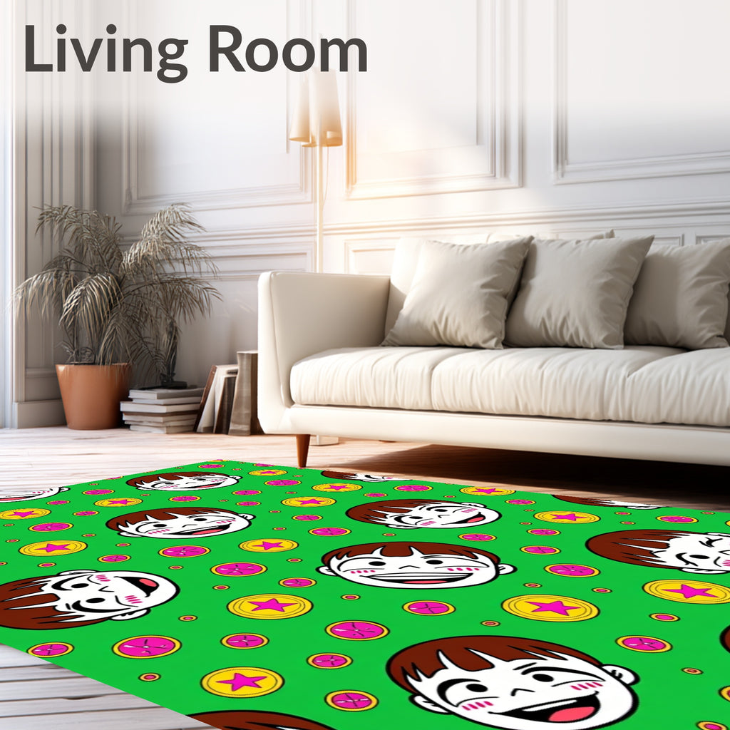 Joyful Child Faces Bright Star Coins Rug