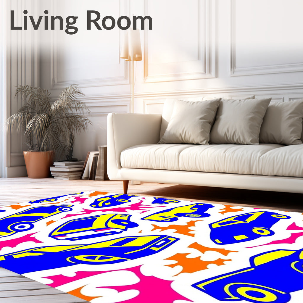 Retro Blue Yellow Sports Cars Rug