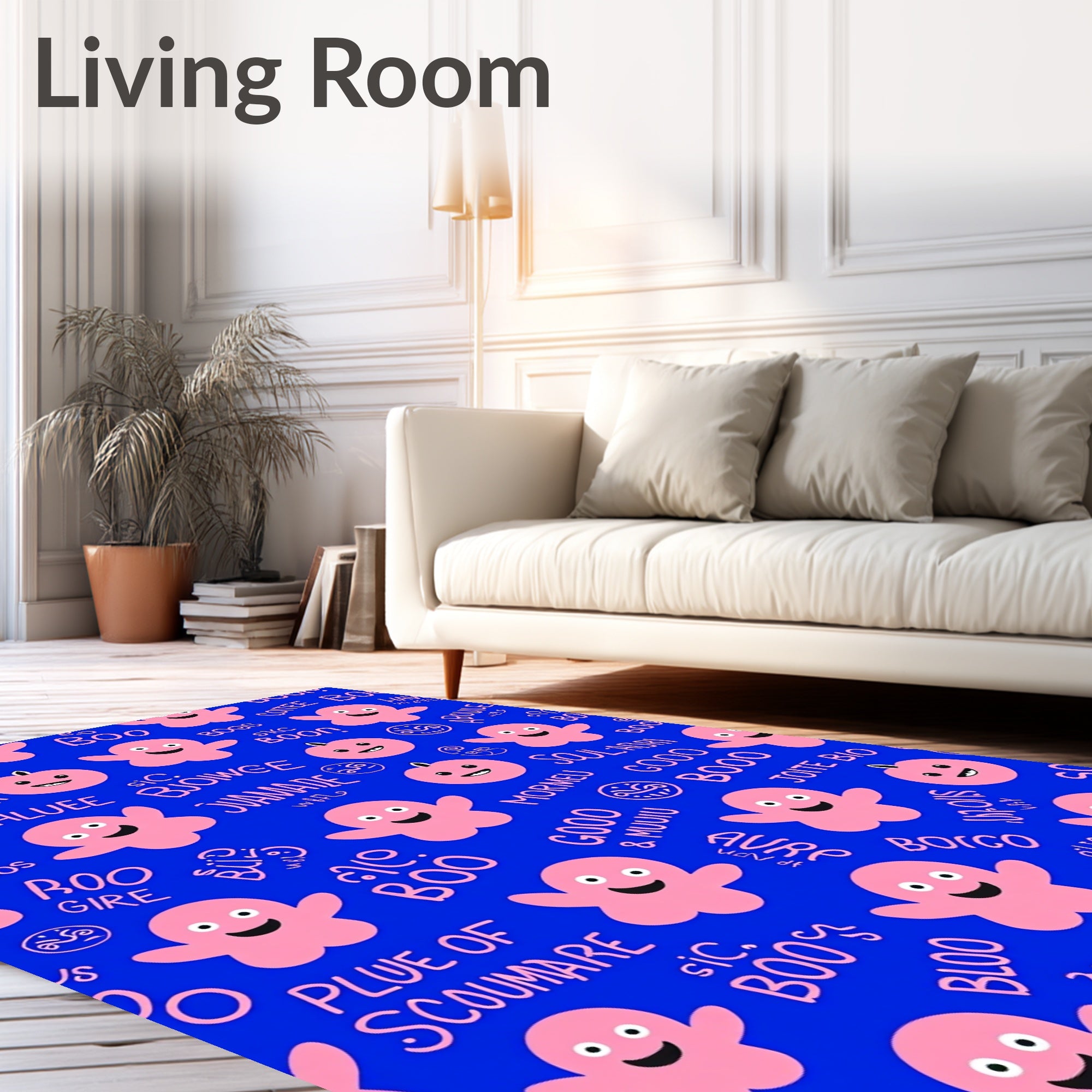 Pink Ghost Boos Royal Blue Field Rug