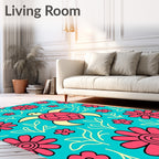 Aqua Pink Turtle Floral Whimsical Scene Rug