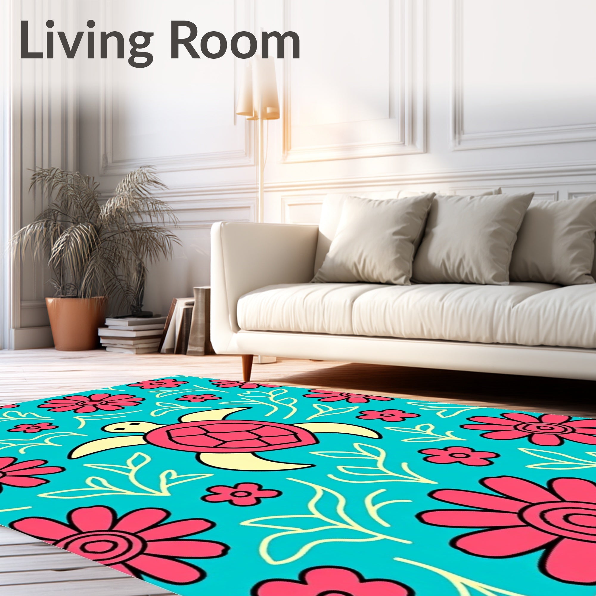 Aqua Pink Turtle Floral Whimsical Scene Rug