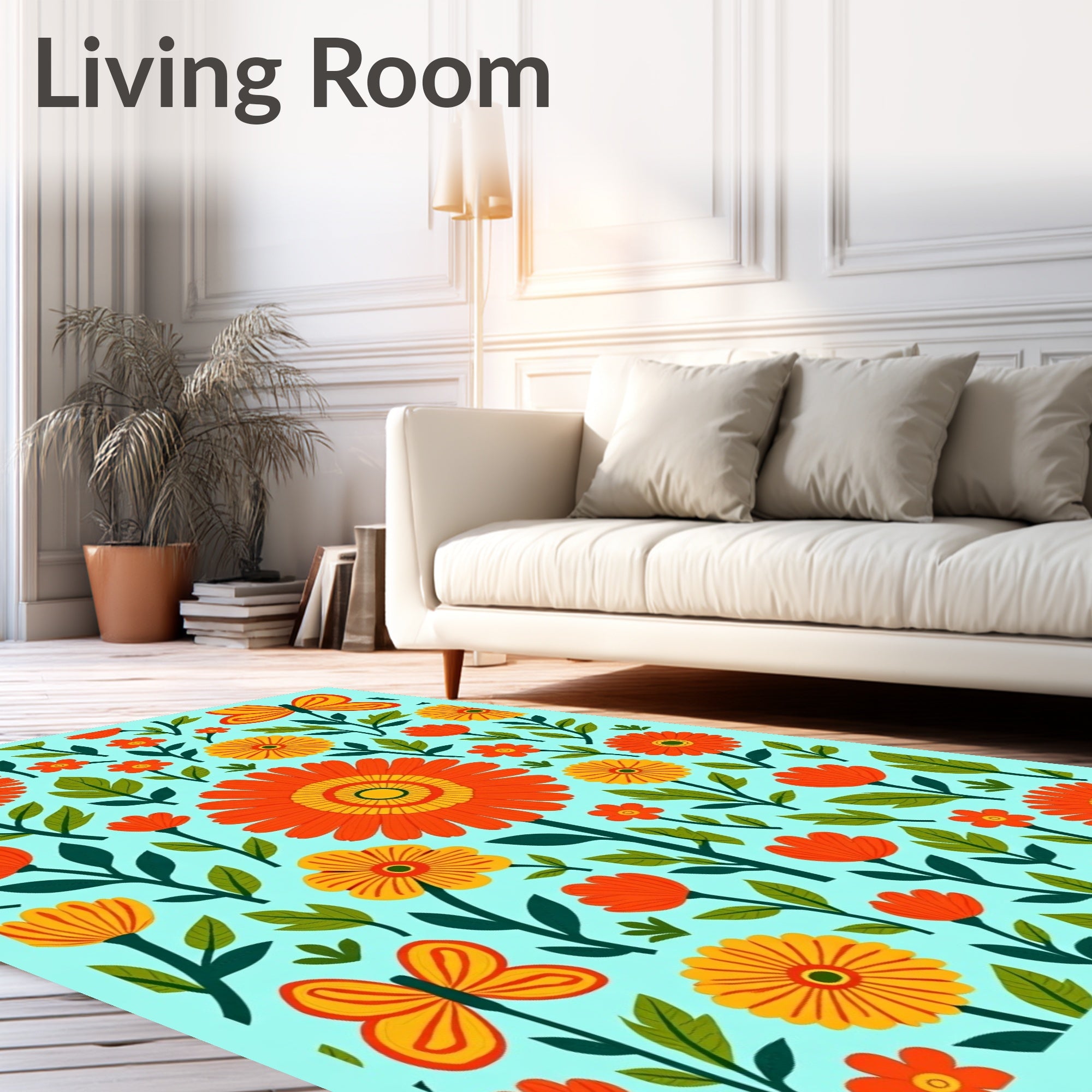 Retro Orange Floral Butterfly Garden Rug