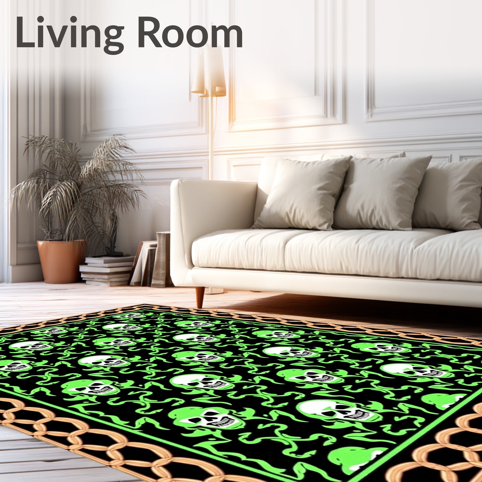Gothic Scull Lime Green Chain Border Rug