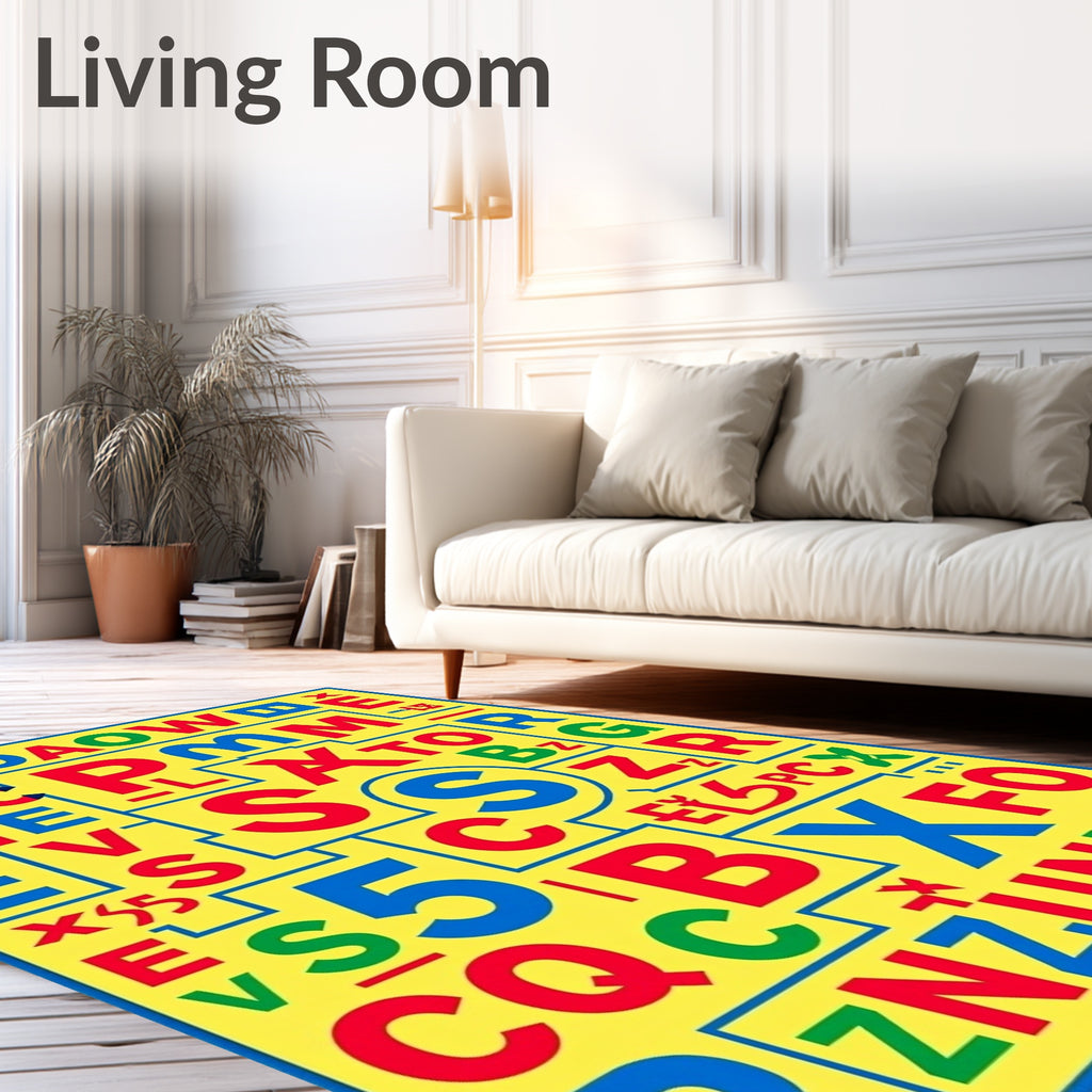 Playful Red Blue Yellow Alphabet Collage Rug
