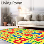 Playful Red Blue Yellow Alphabet Collage Rug