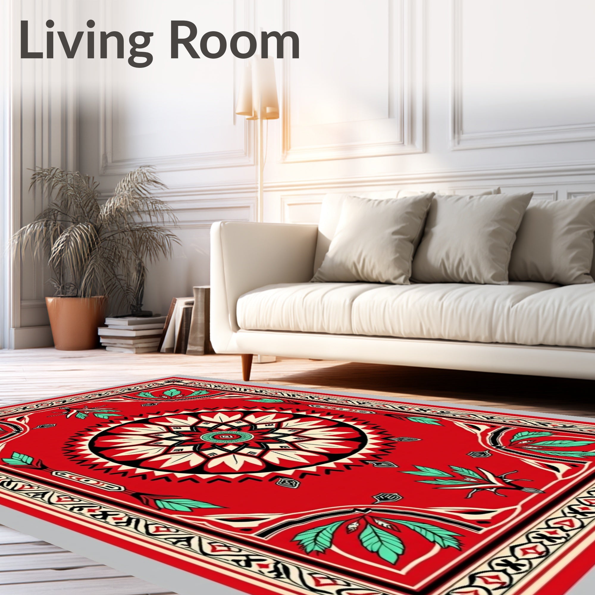 Bold Red Tribal Sun and Leaf Rug