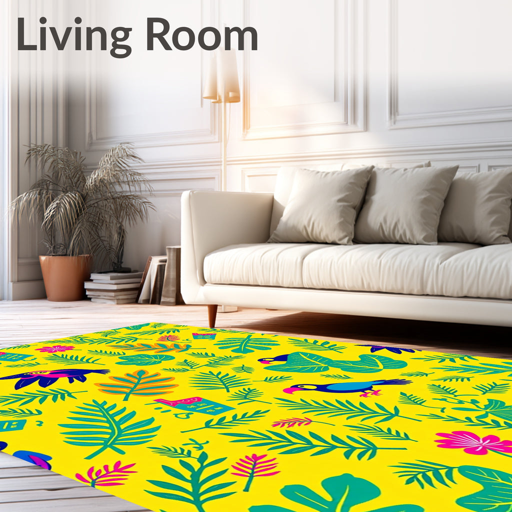 Bright Yellow Tropical Birds Flowers Rug