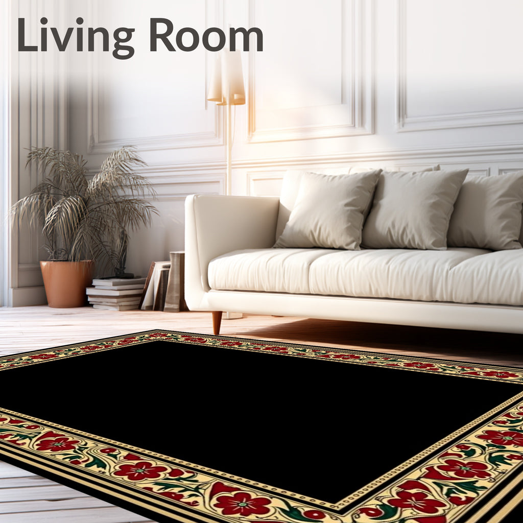 Rich Red Bloom Border With Green Accents Rug