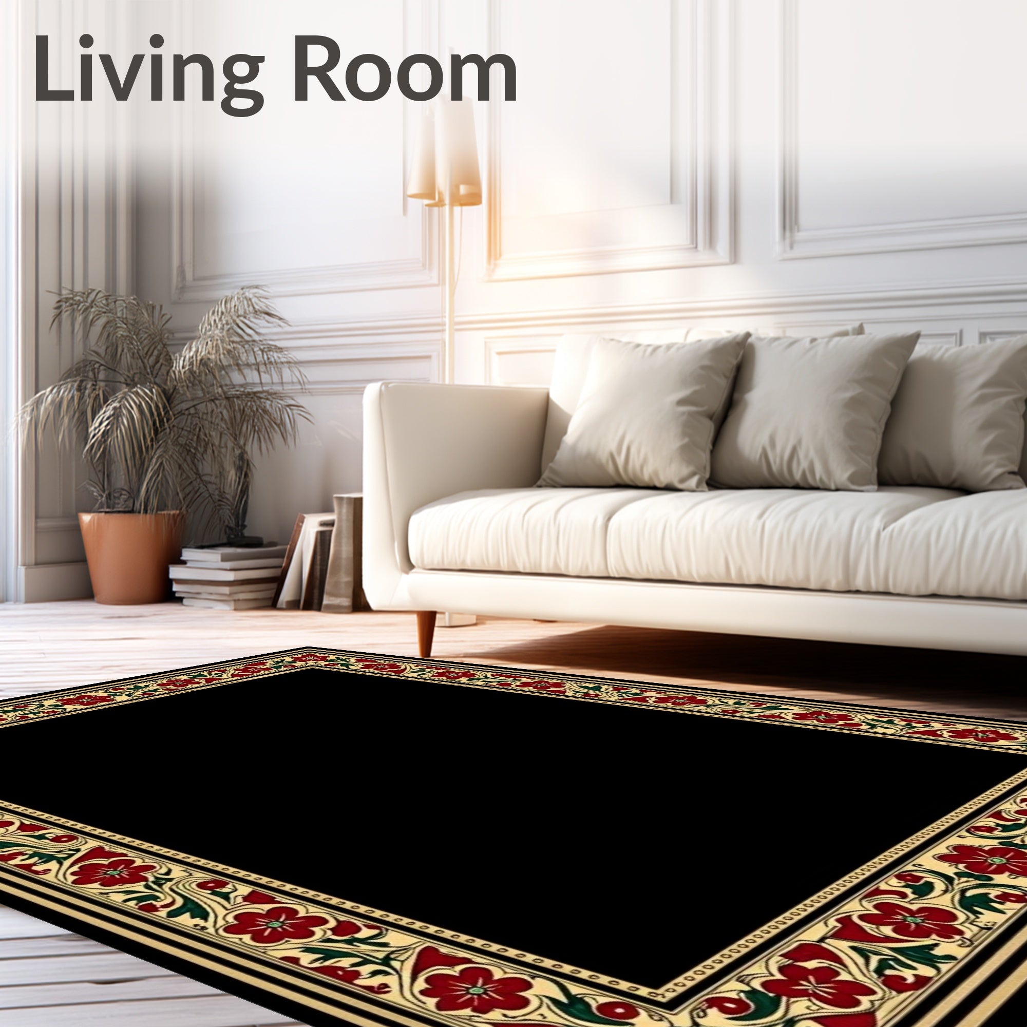 Rich Red Bloom Border With Green Accents Rug