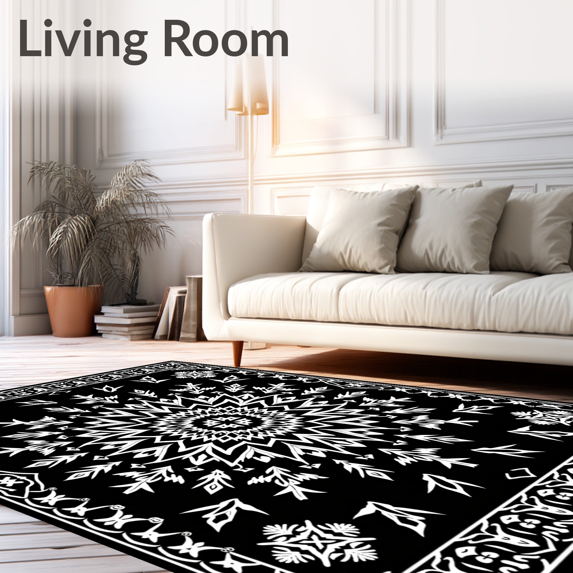 Black White Radial Starburst Border Rug