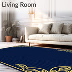 Ornate Gold Border Navy Pinstripe Rug
