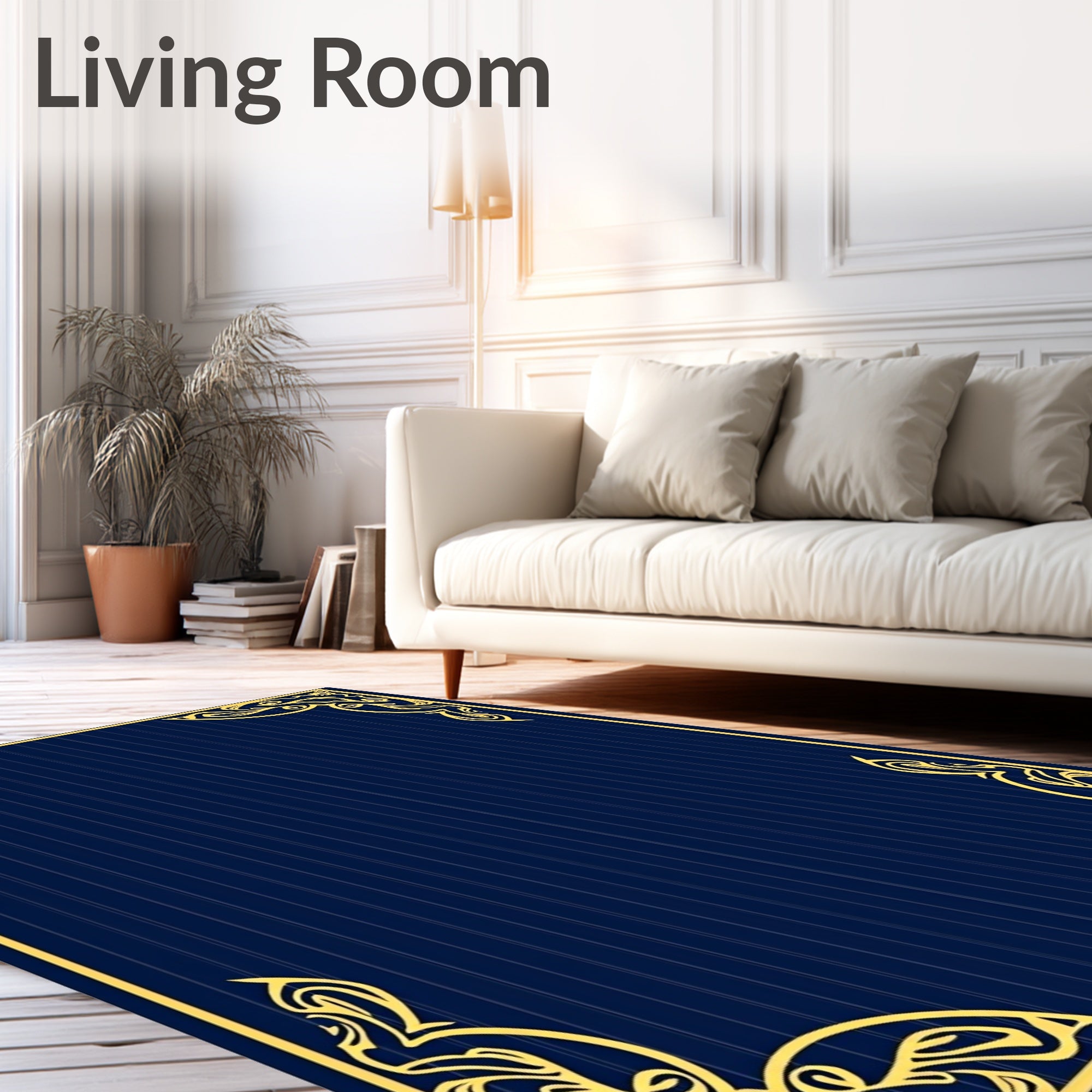 Ornate Gold Border Navy Pinstripe Rug