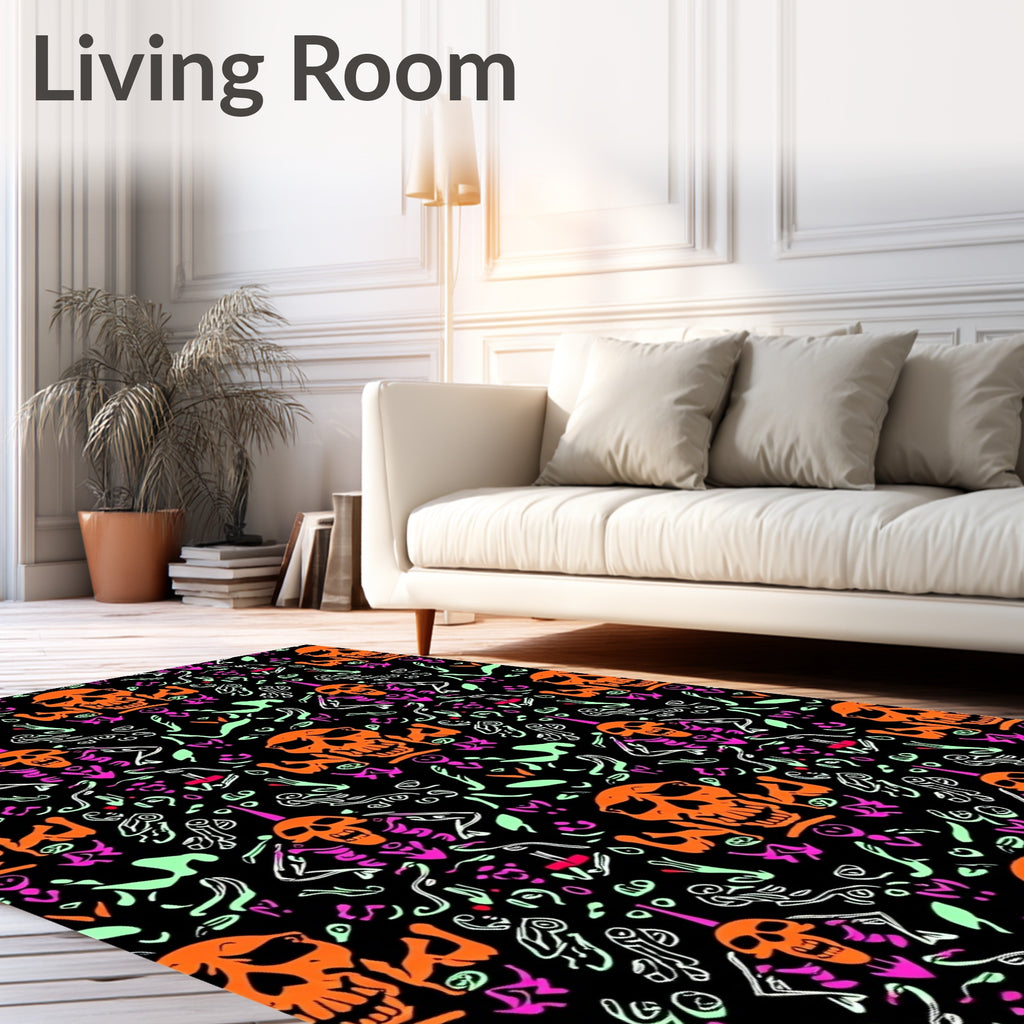 Whimsical Orange Skull Skeleton Trio Rug