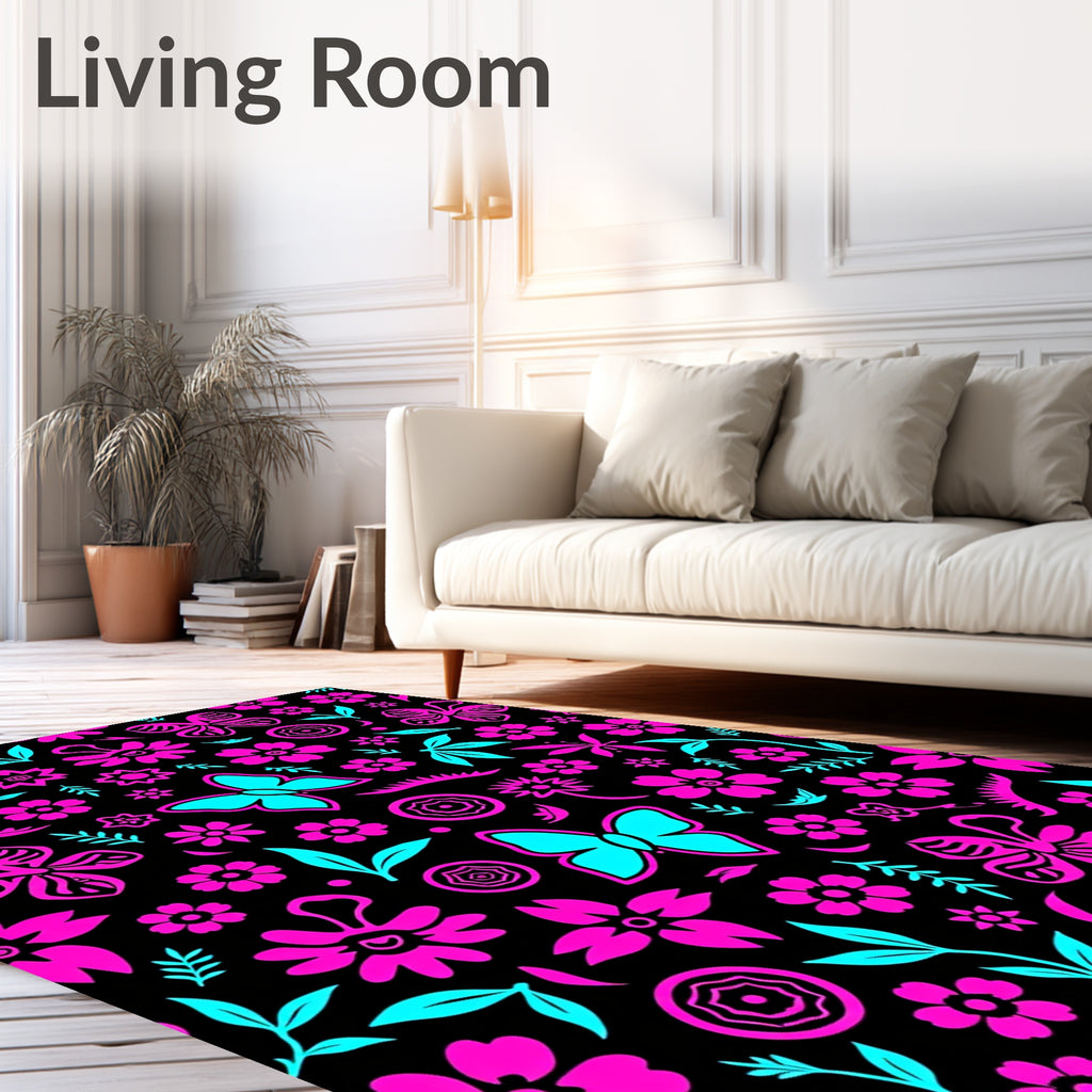 Vibrant Pink Teal Butterfly Floral Medley Rug
