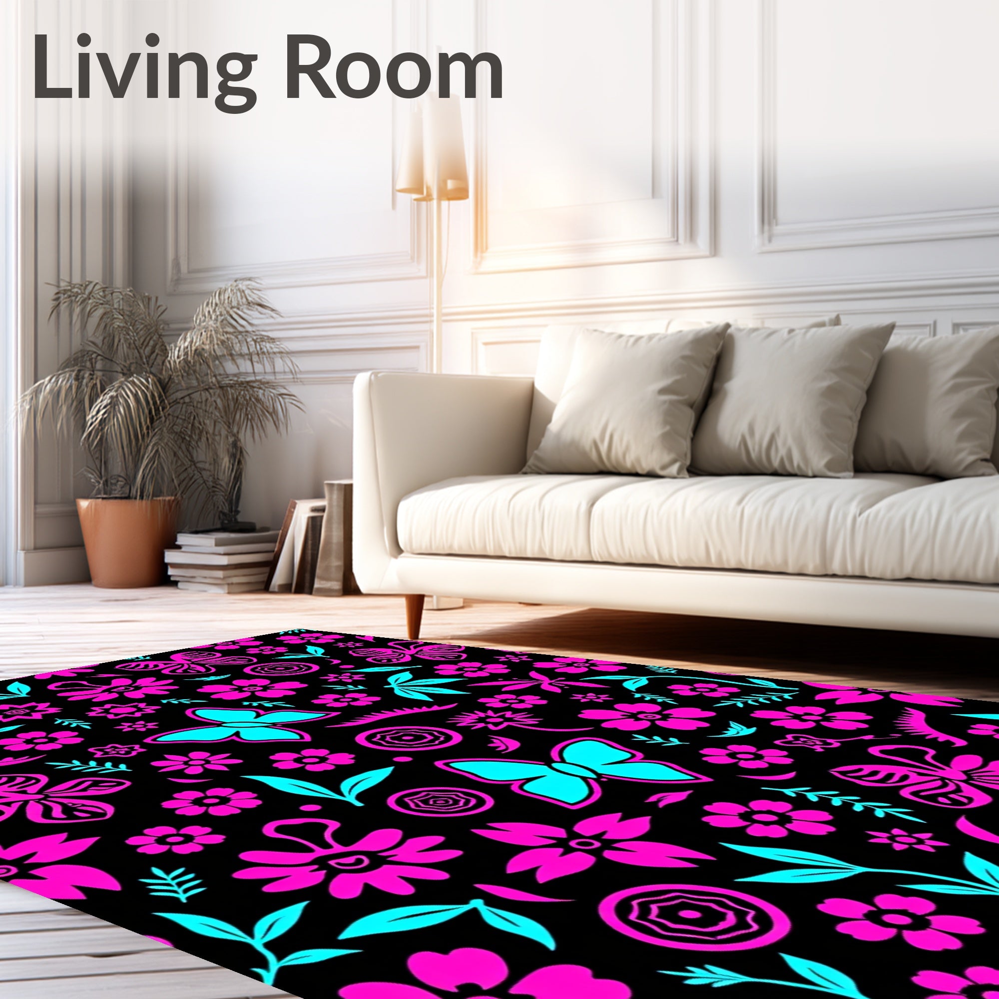 Vibrant Pink Teal Butterfly Floral Medley Rug