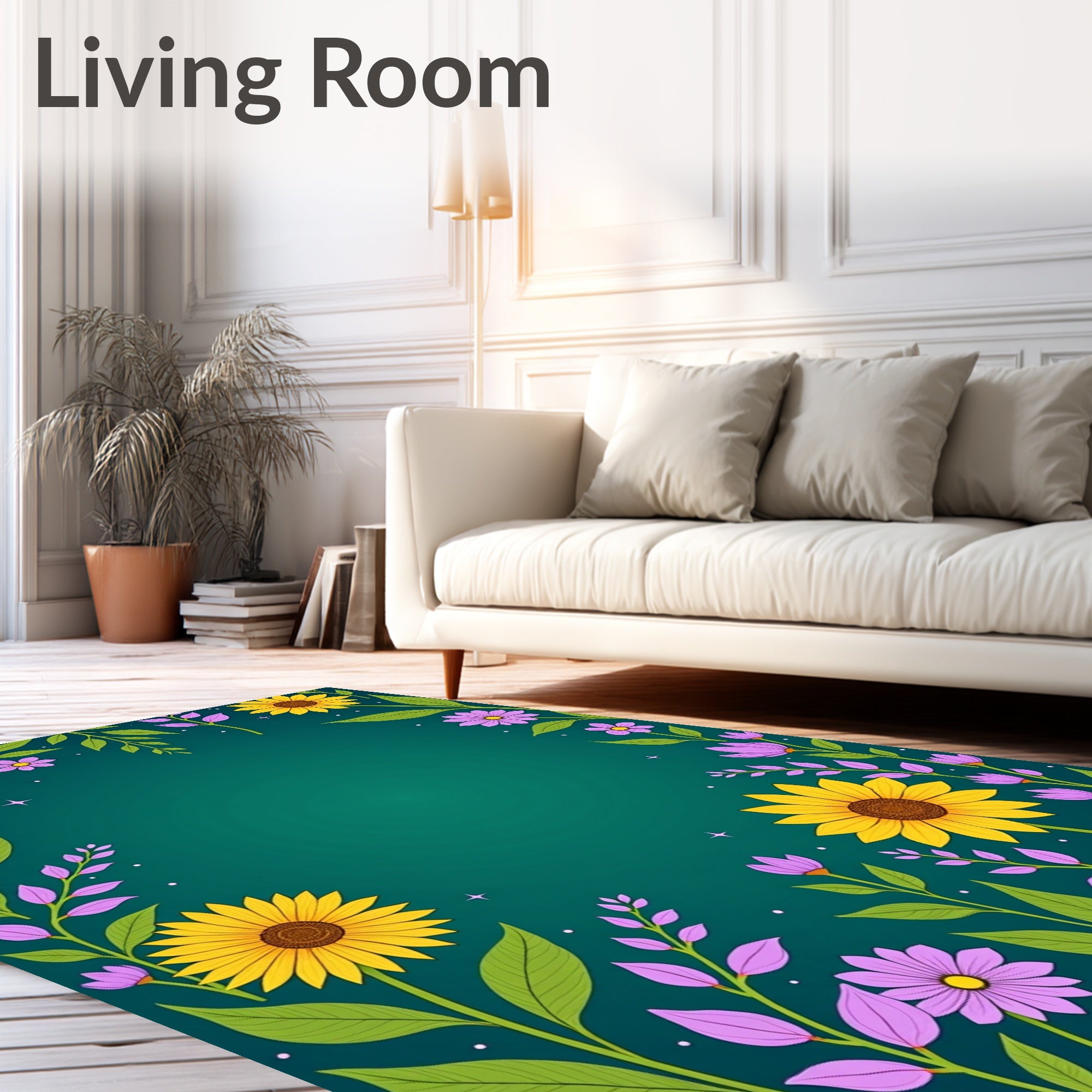 Golden Sunflowers and Purple Flowers Border Rug
